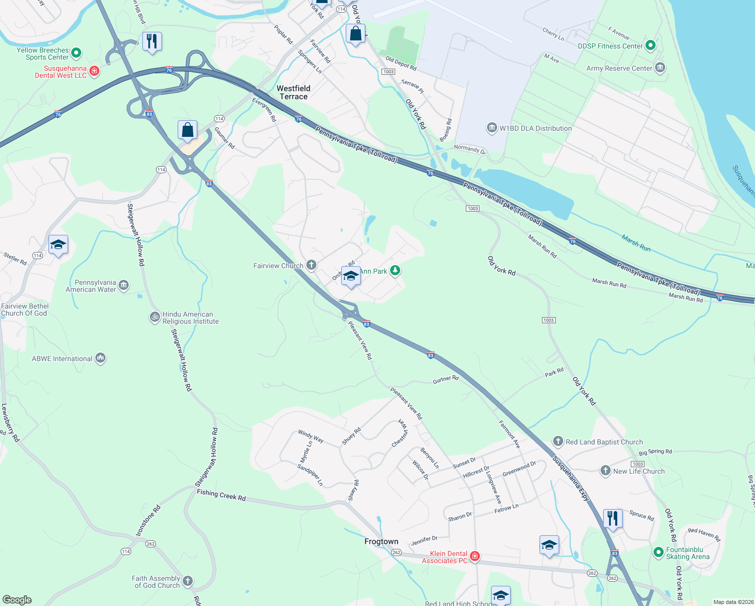 map of restaurants, bars, coffee shops, grocery stores, and more near 343 Oak Dr in New Cumberland