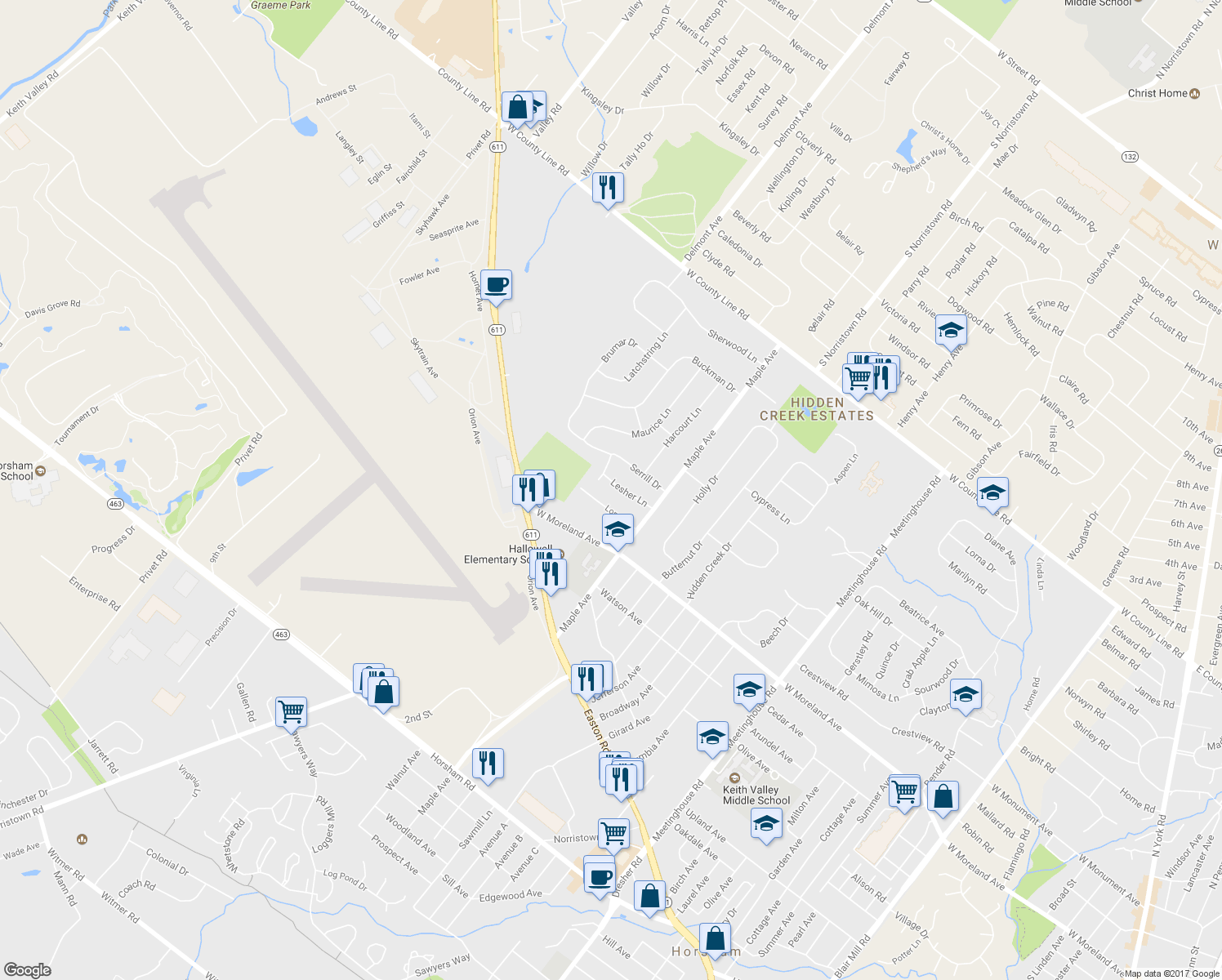 map of restaurants, bars, coffee shops, grocery stores, and more near 515 Lesher Ln in Hatboro