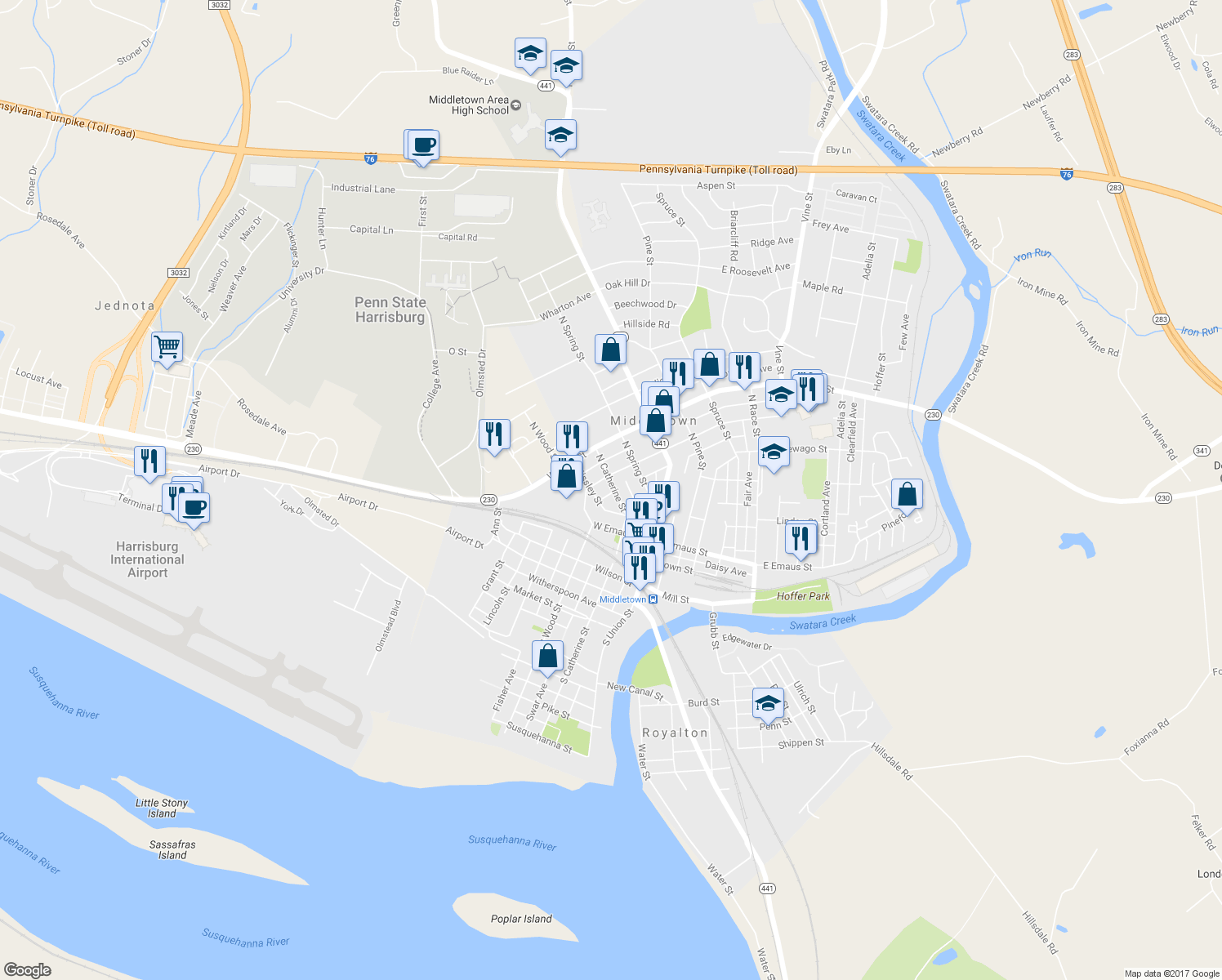 map of restaurants, bars, coffee shops, grocery stores, and more near 201 North Catherine Street in Middletown