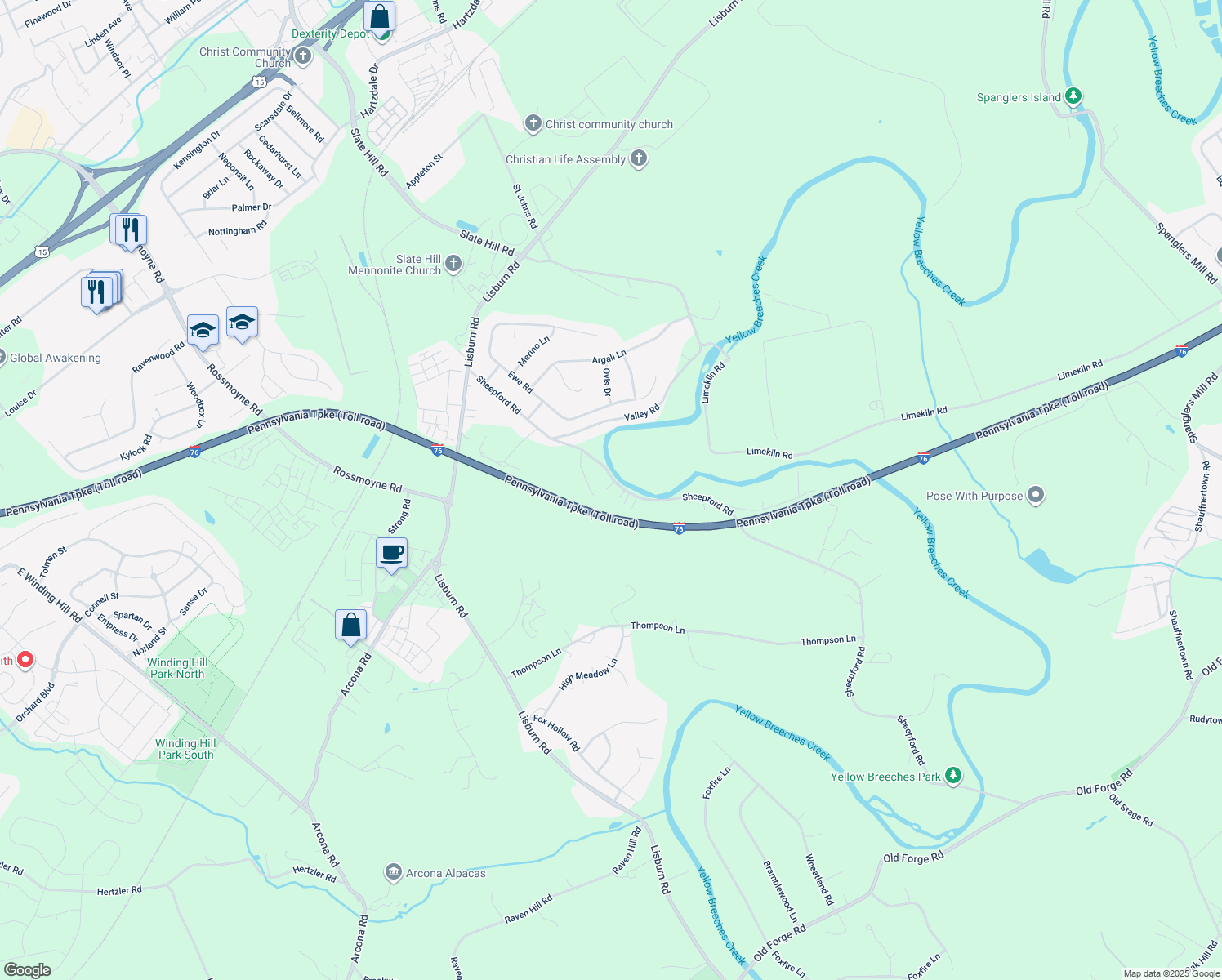 map of restaurants, bars, coffee shops, grocery stores, and more near 1644 Sheepford Road in Mechanicsburg