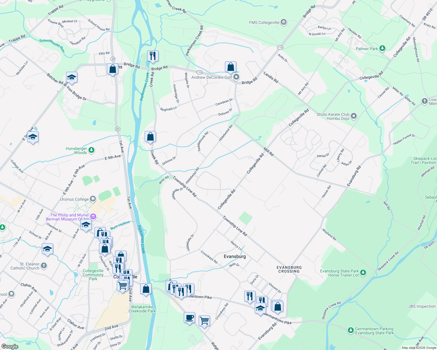 map of restaurants, bars, coffee shops, grocery stores, and more near 4068 Steeplechase Drive in Collegeville