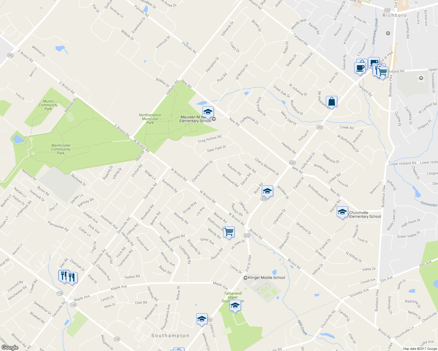 map of restaurants, bars, coffee shops, grocery stores, and more near 48 Boxwood Road in Churchville