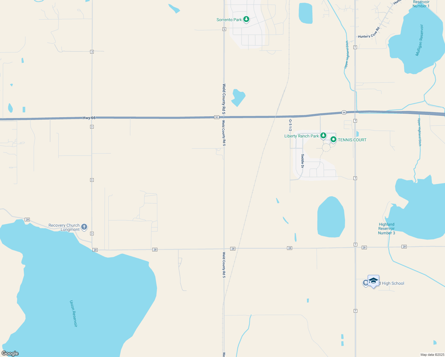 map of restaurants, bars, coffee shops, grocery stores, and more near 13515 County Road 5 in Longmont