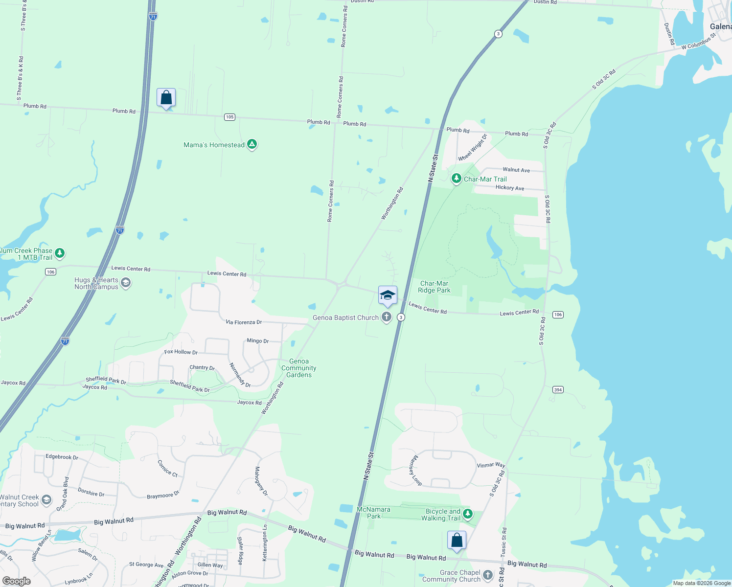 map of restaurants, bars, coffee shops, grocery stores, and more near 7380 Lewis Center Road in Westerville