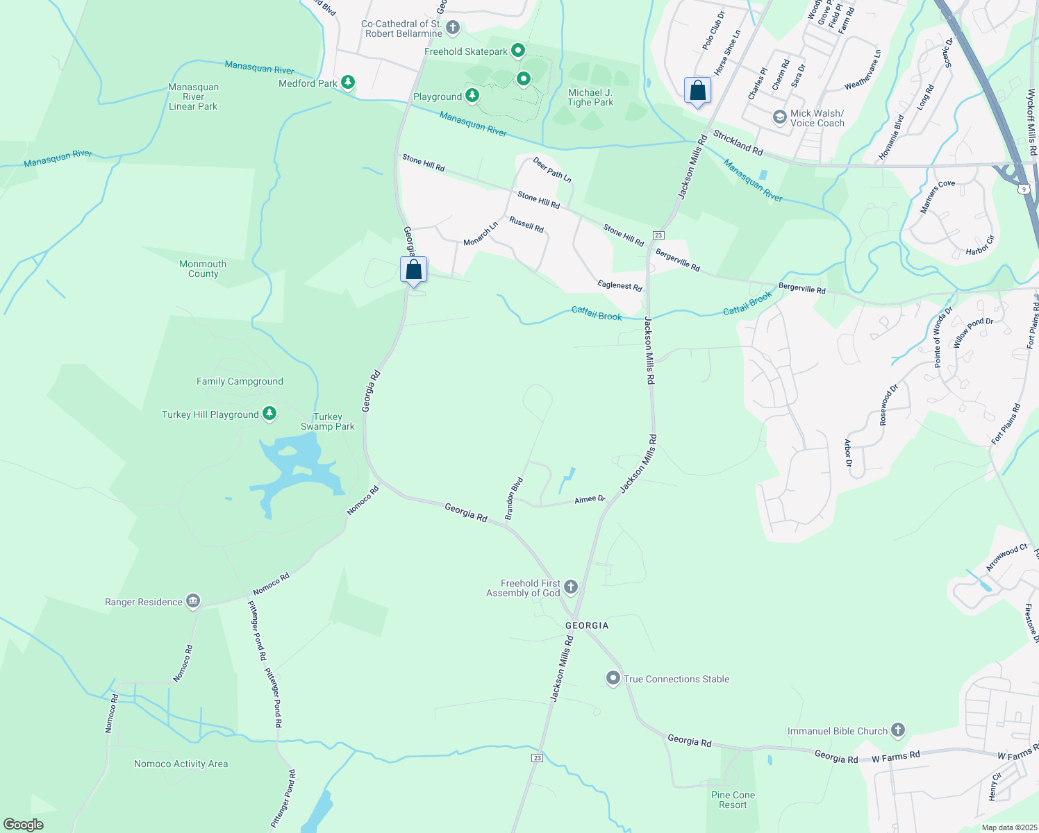 map of restaurants, bars, coffee shops, grocery stores, and more near 362 Brandon Boulevard in Freehold