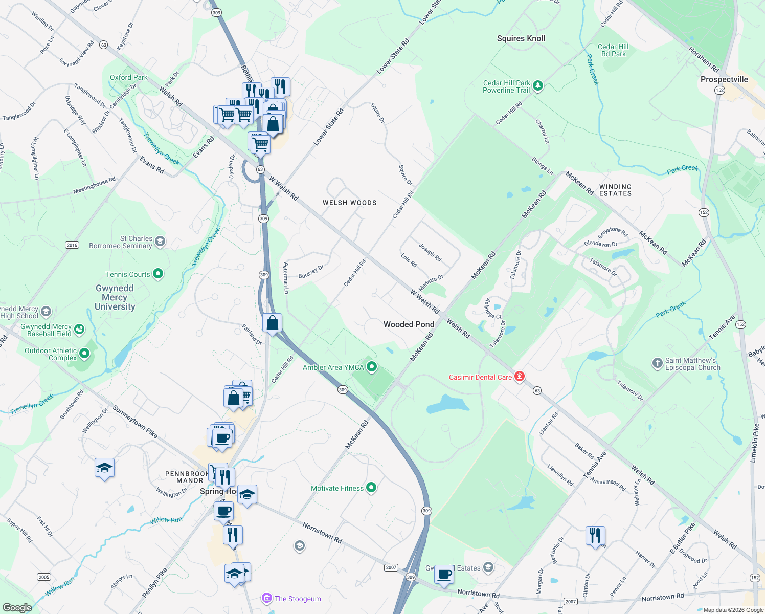 map of restaurants, bars, coffee shops, grocery stores, and more near 824 Warren Road in Montgomery County