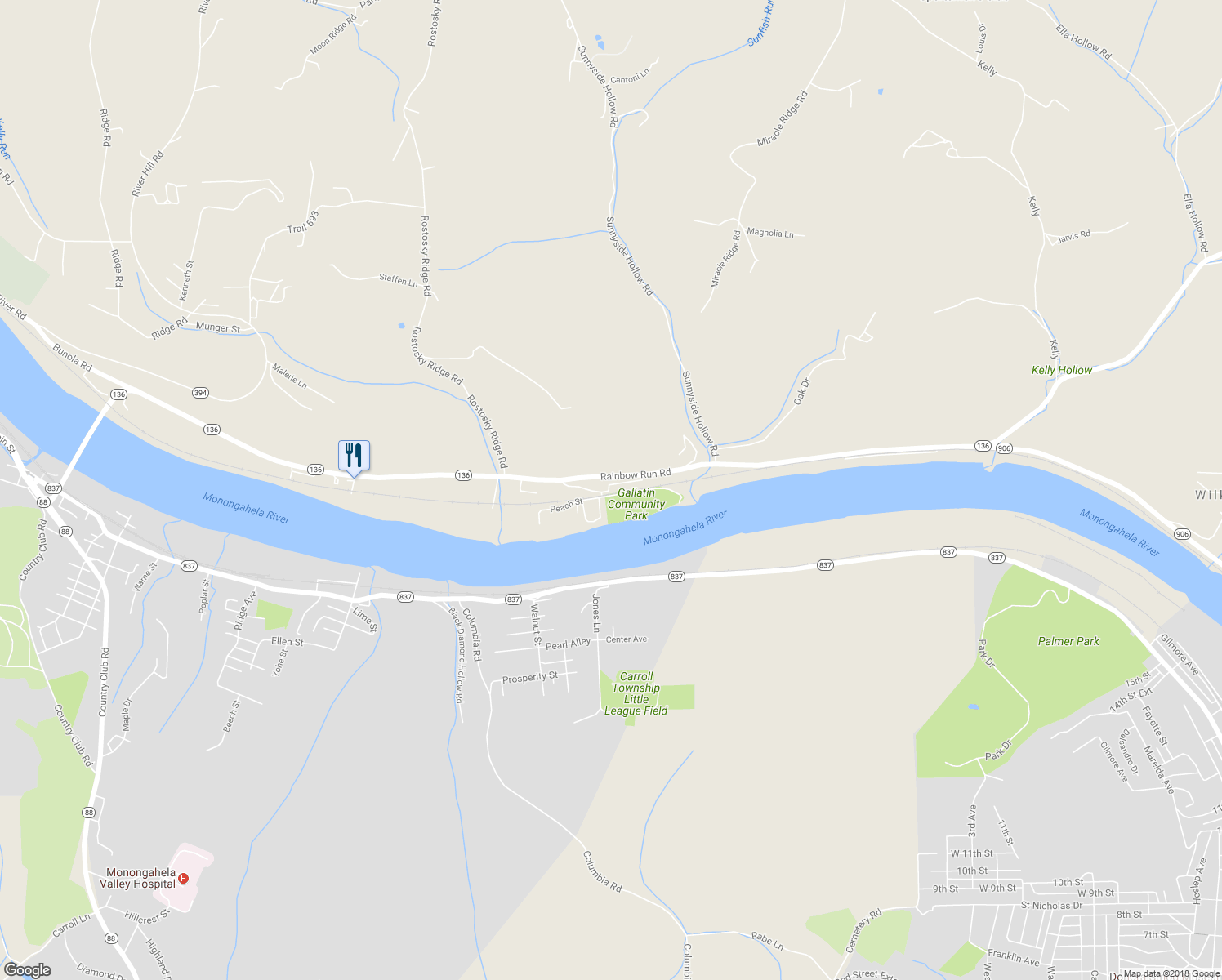 map of restaurants, bars, coffee shops, grocery stores, and more near 2216 Gallatin Road in Monongahela