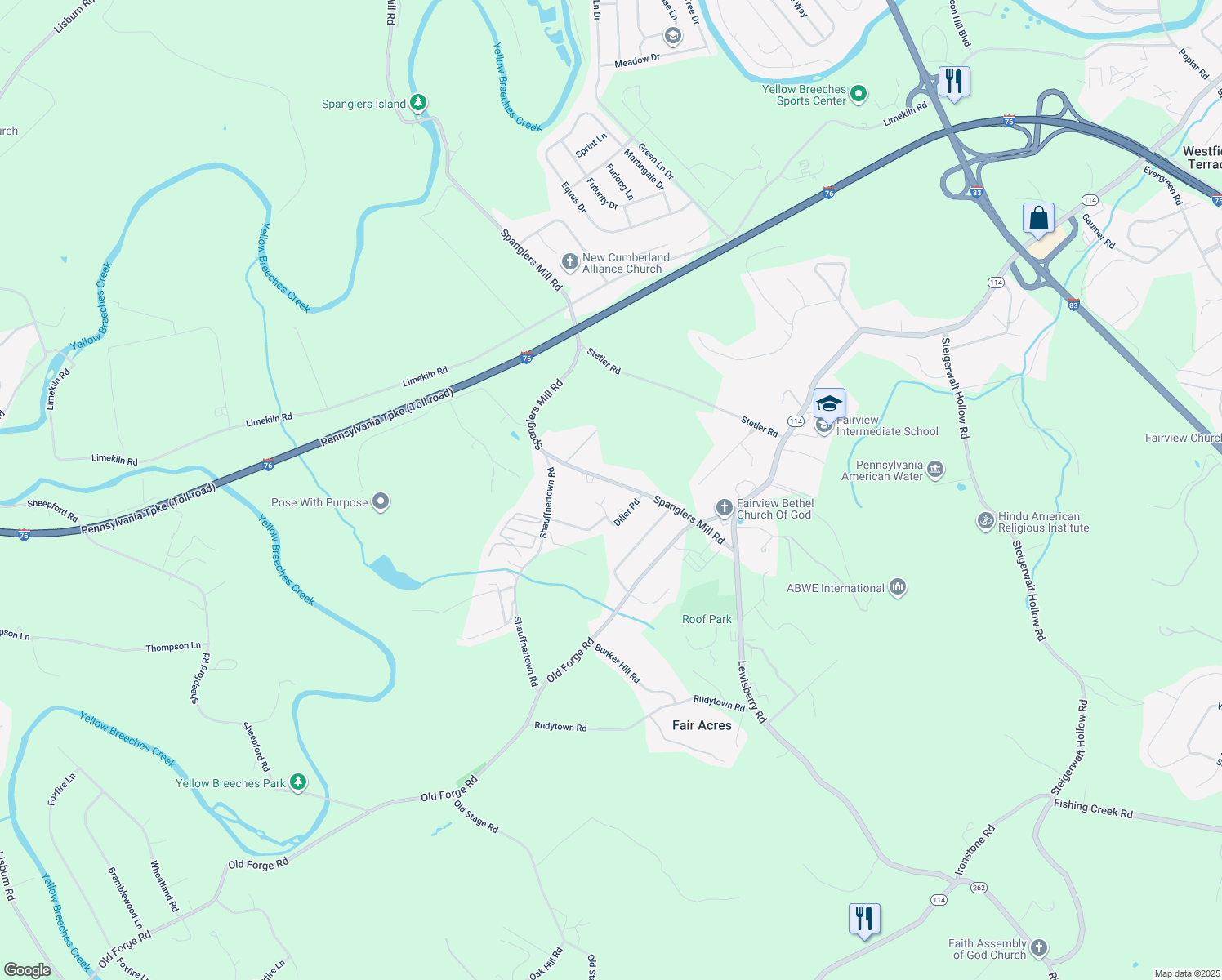 map of restaurants, bars, coffee shops, grocery stores, and more near 245 Spanglers Mill Road in New Cumberland
