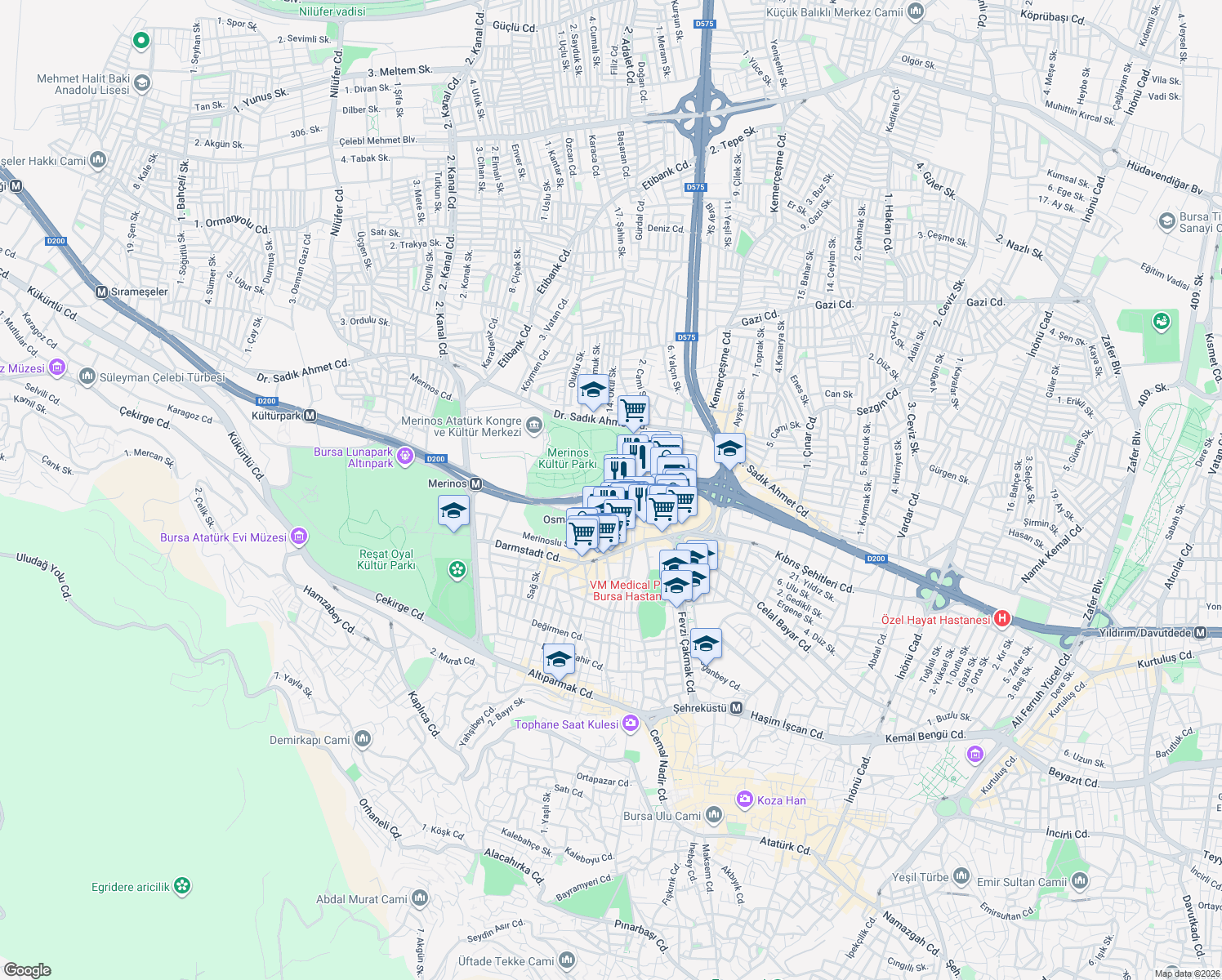map of restaurants, bars, coffee shops, grocery stores, and more near Ulubatlı Hasan Bulvarı in Osmangazi