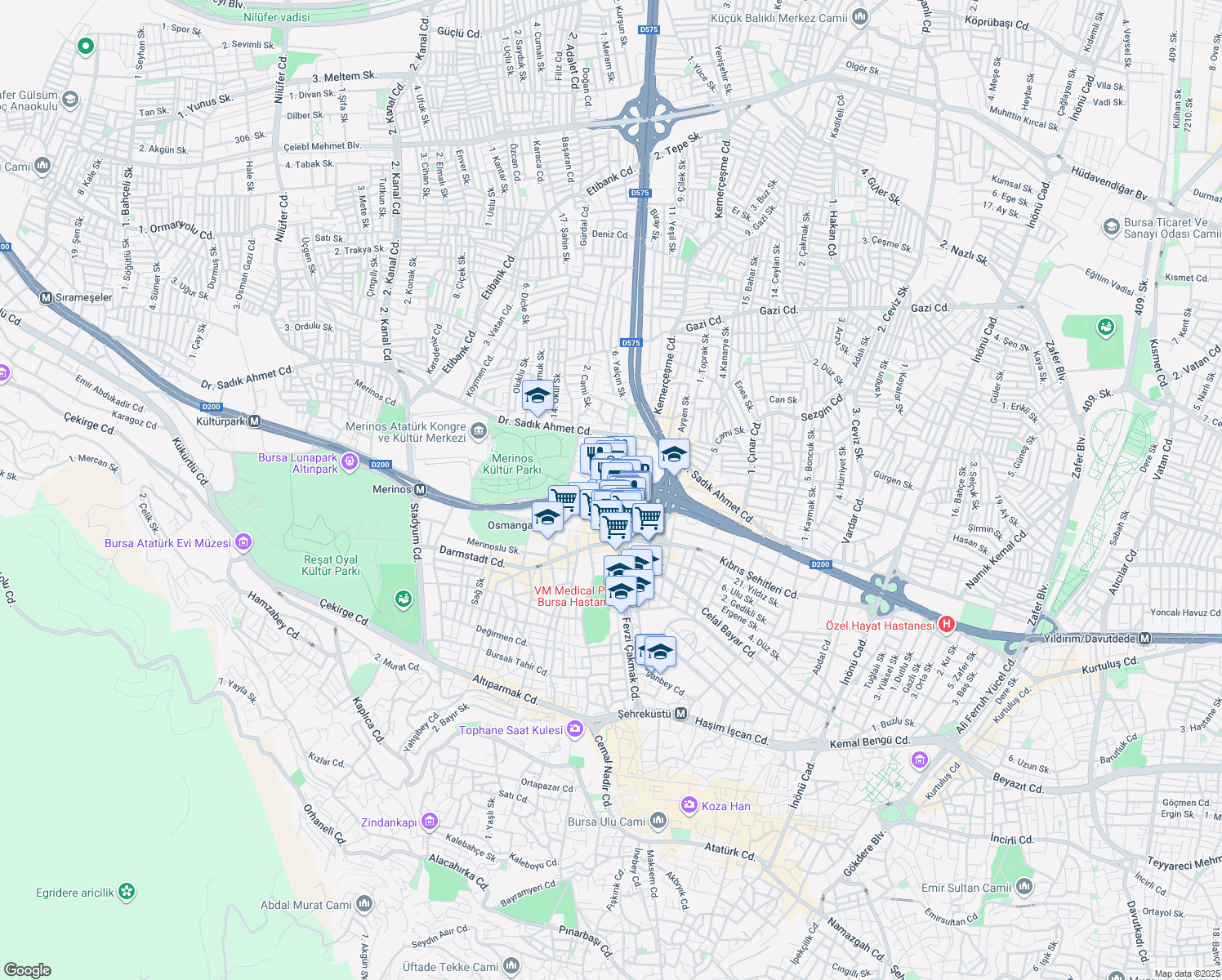 map of restaurants, bars, coffee shops, grocery stores, and more near Ulubatlı Hasan Bulvarı in Osmangazi