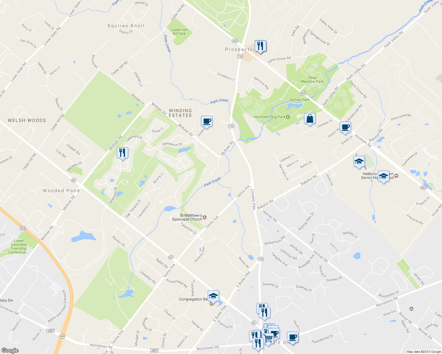 map of restaurants, bars, coffee shops, grocery stores, and more near 1051 McKean Road in Ambler