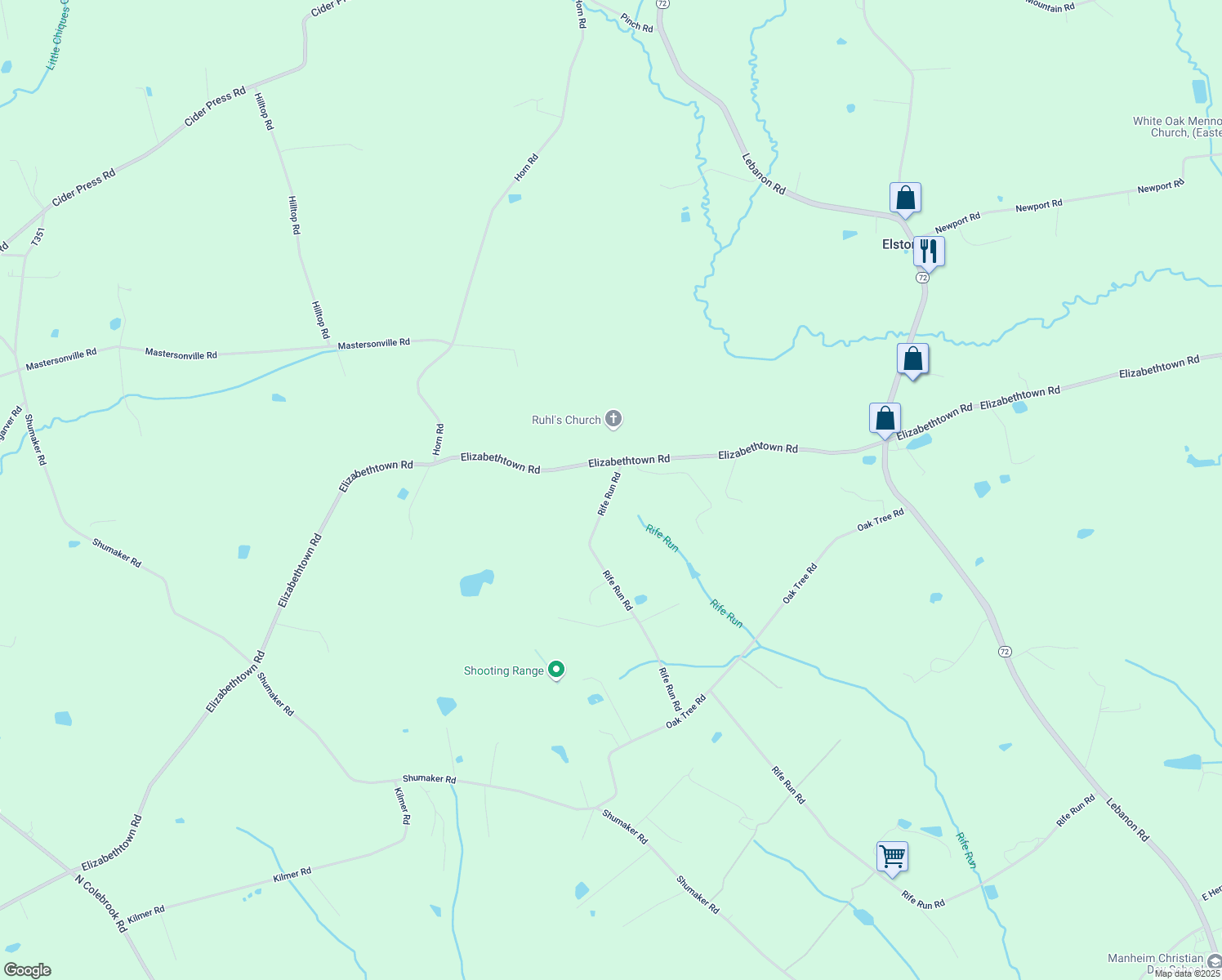 map of restaurants, bars, coffee shops, grocery stores, and more near 988 Rife Run Road in Manheim