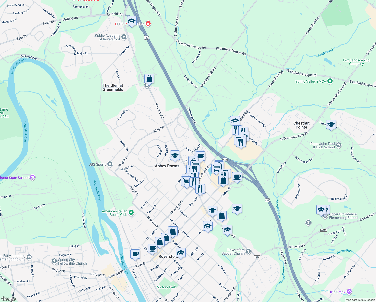 map of restaurants, bars, coffee shops, grocery stores, and more near 104 Foxmeadow Drive in Royersford