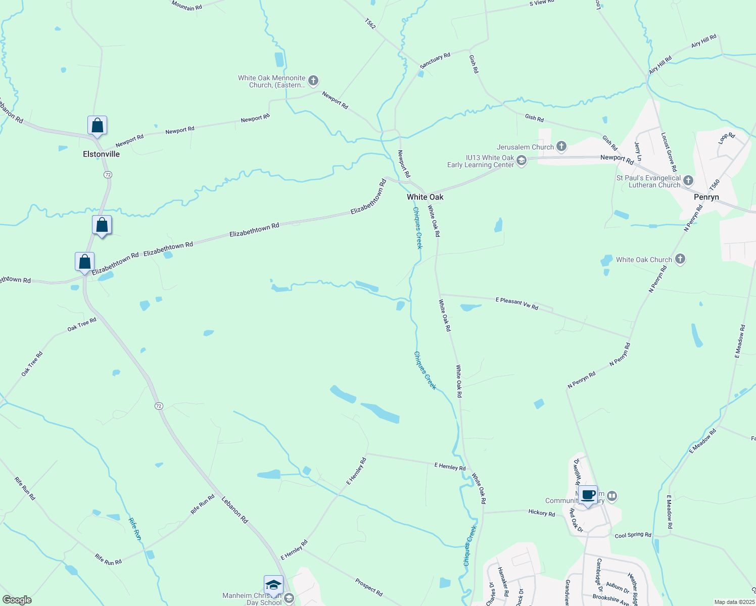 map of restaurants, bars, coffee shops, grocery stores, and more near 1178 White Oak Road in Manheim