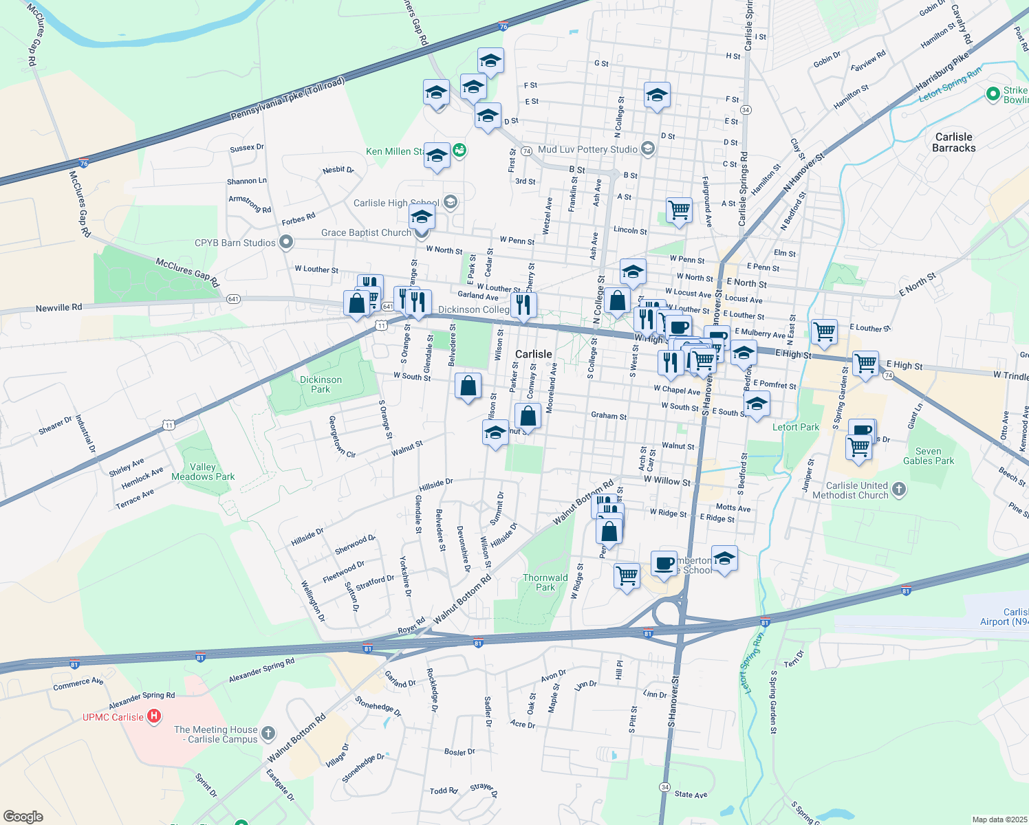 map of restaurants, bars, coffee shops, grocery stores, and more near 251 Parker Street in Carlisle