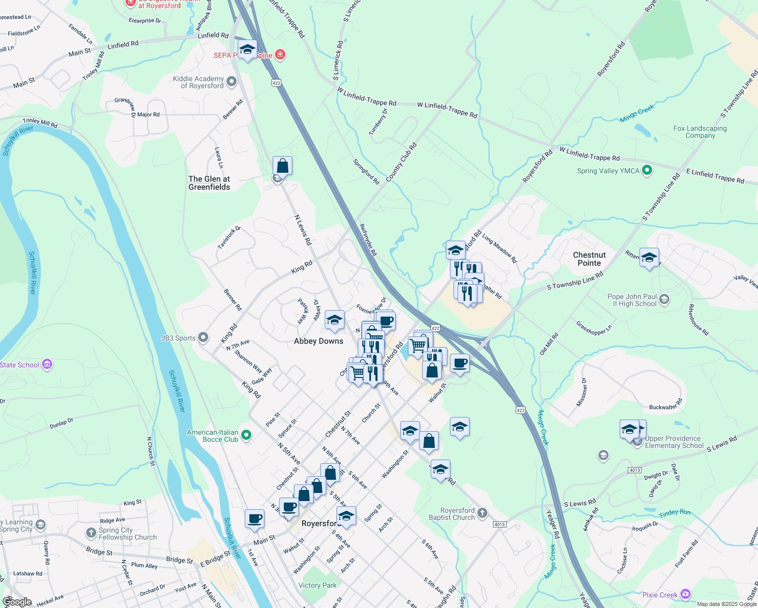 map of restaurants, bars, coffee shops, grocery stores, and more near 715 Foxmeadow Drive in Royersford