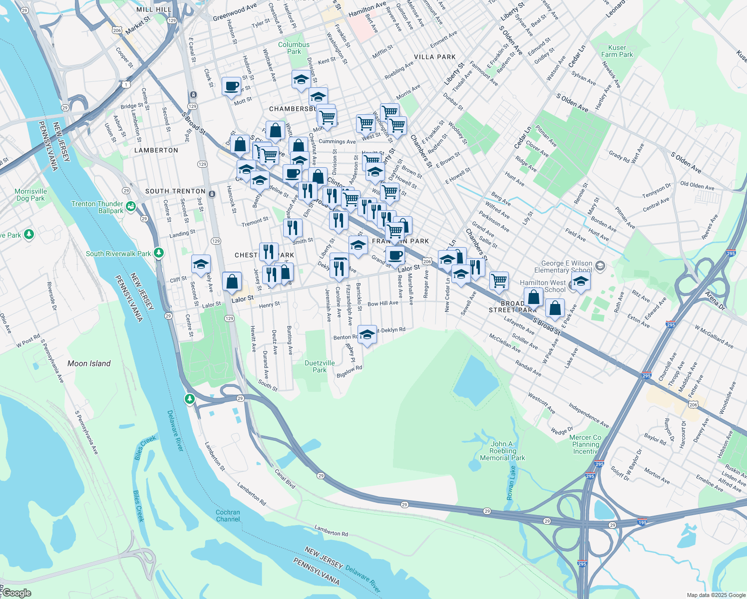 map of restaurants, bars, coffee shops, grocery stores, and more near 72 Andrew Street in Trenton