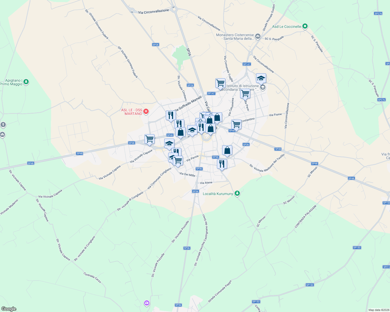 map of restaurants, bars, coffee shops, grocery stores, and more near 56 Via Cavour in Martano