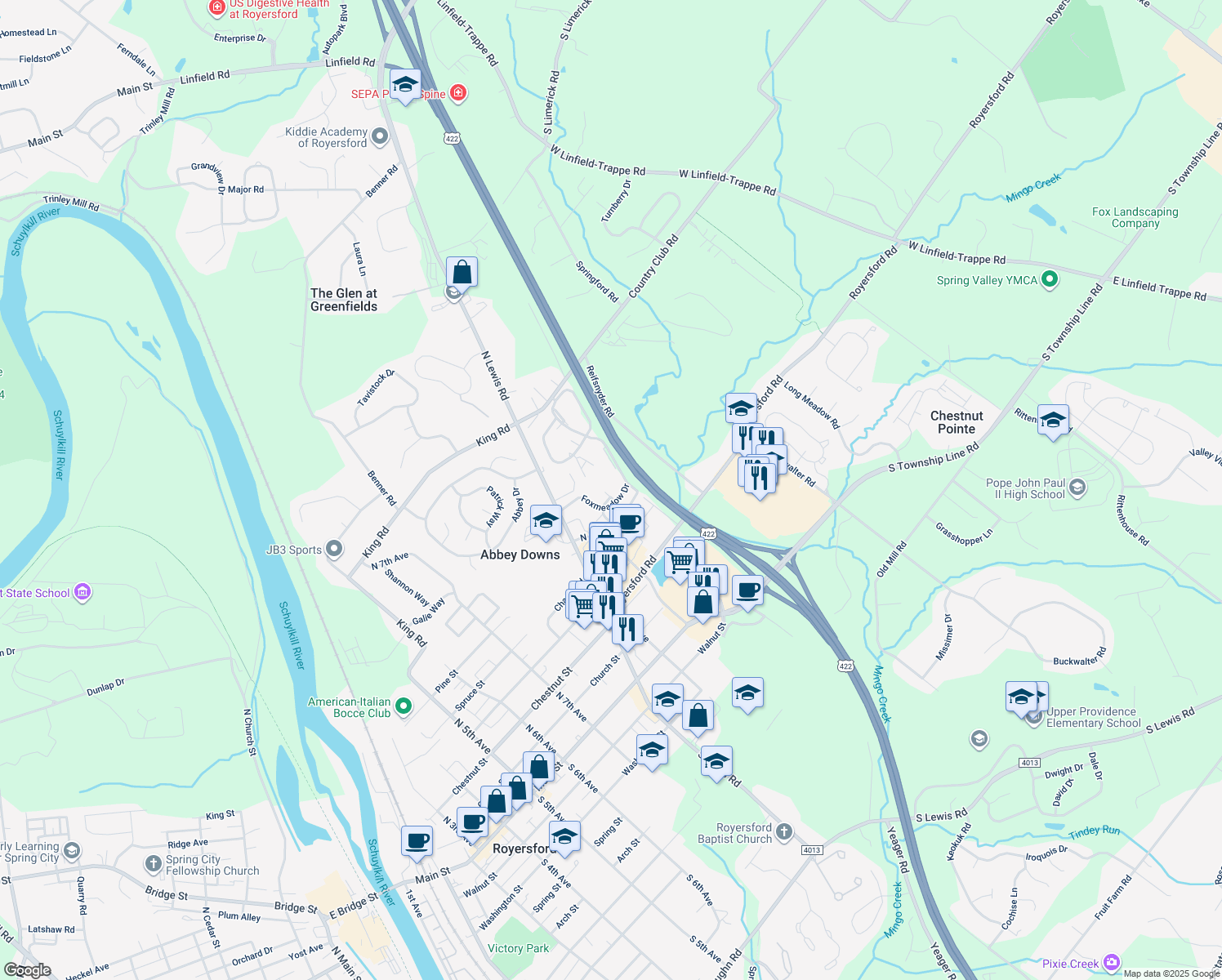 map of restaurants, bars, coffee shops, grocery stores, and more near 709 Foxmeadow Drive in Royersford