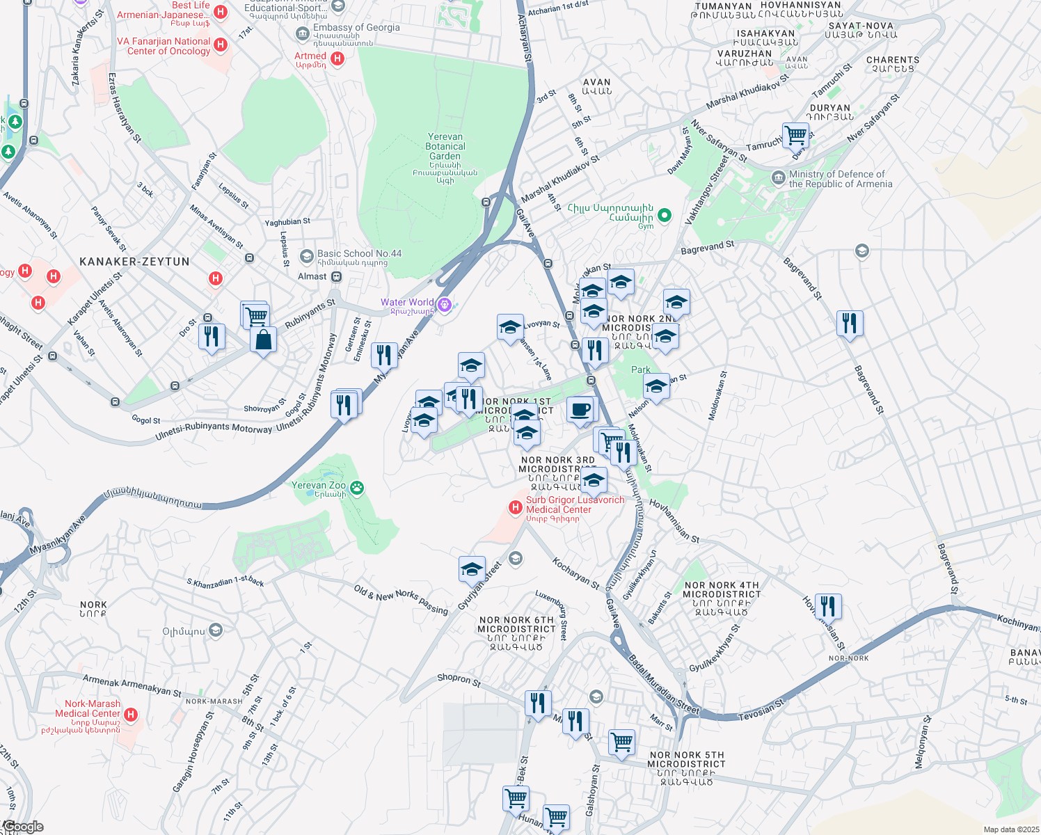 map of restaurants, bars, coffee shops, grocery stores, and more near Nansen Street in Yerevan