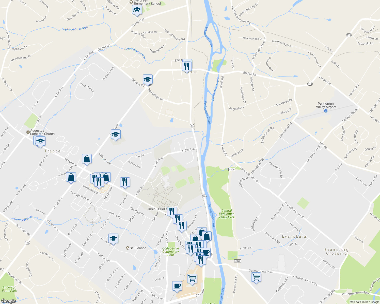 map of restaurants, bars, coffee shops, grocery stores, and more near 101 Russell Circle in Collegeville