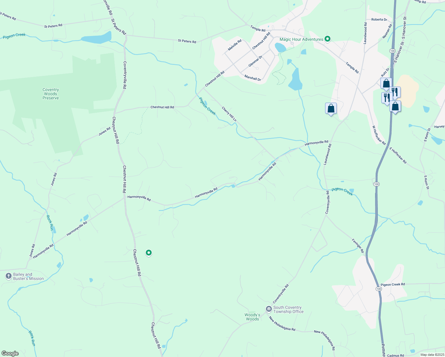 map of restaurants, bars, coffee shops, grocery stores, and more near 1437 Harmonyville Road in Pottstown