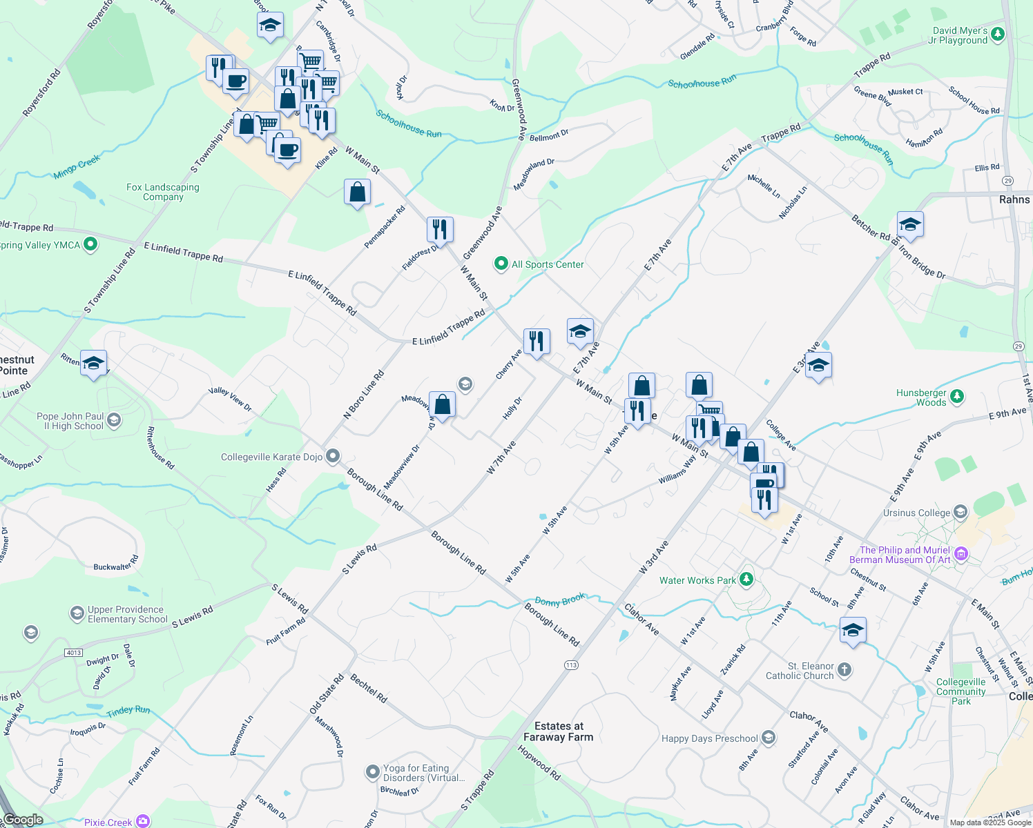 map of restaurants, bars, coffee shops, grocery stores, and more near 66 Holly Dr in Collegeville