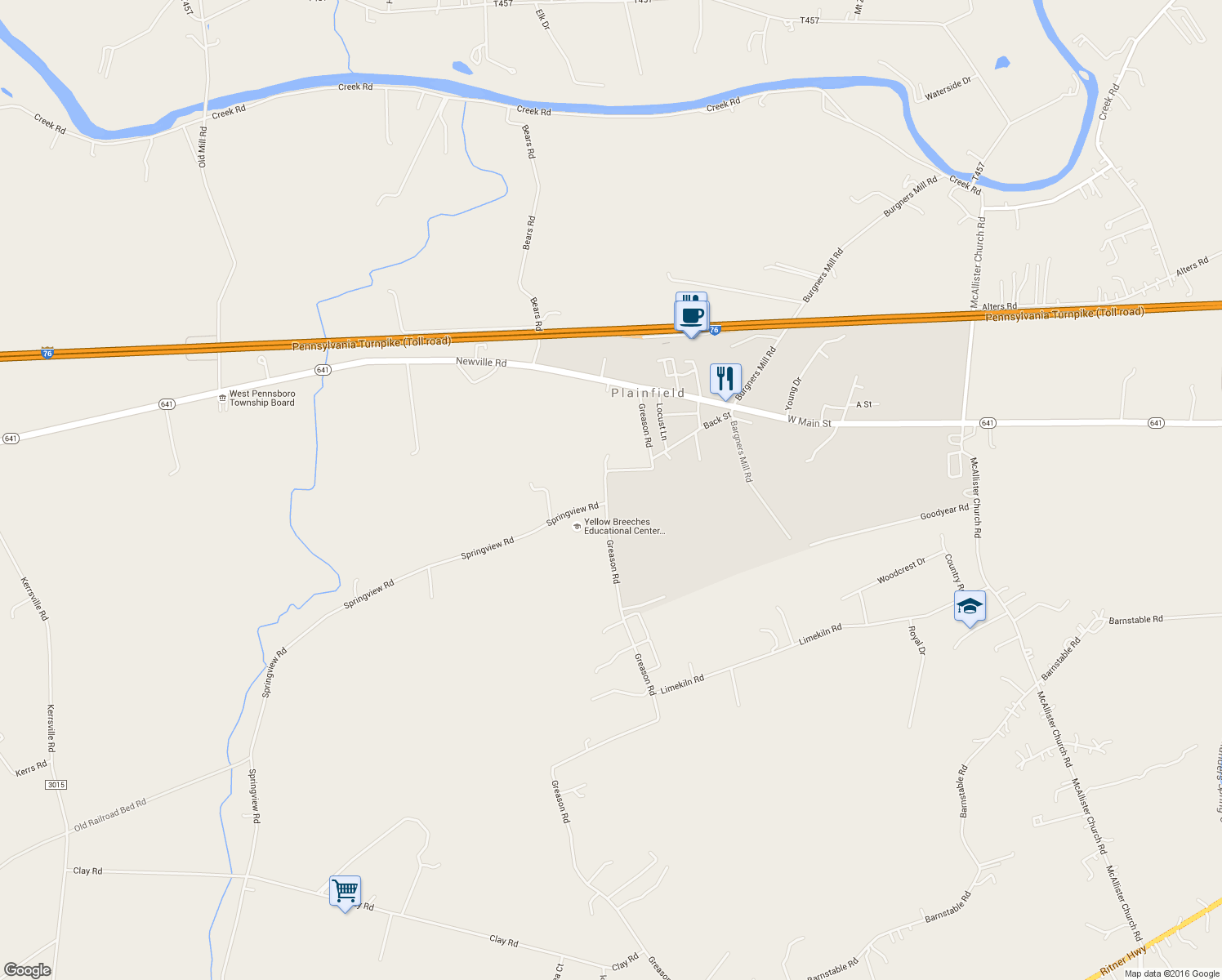 map of restaurants, bars, coffee shops, grocery stores, and more near 139 Greason Road in Carlisle