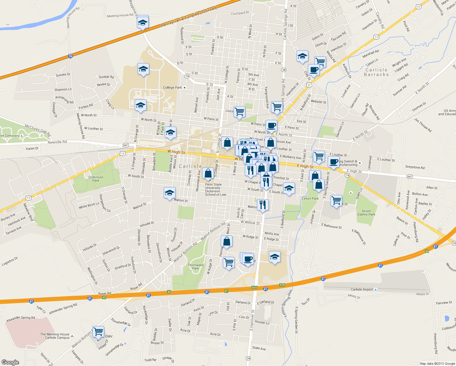 map of restaurants, bars, coffee shops, grocery stores, and more near 223 West South Street in Carlisle