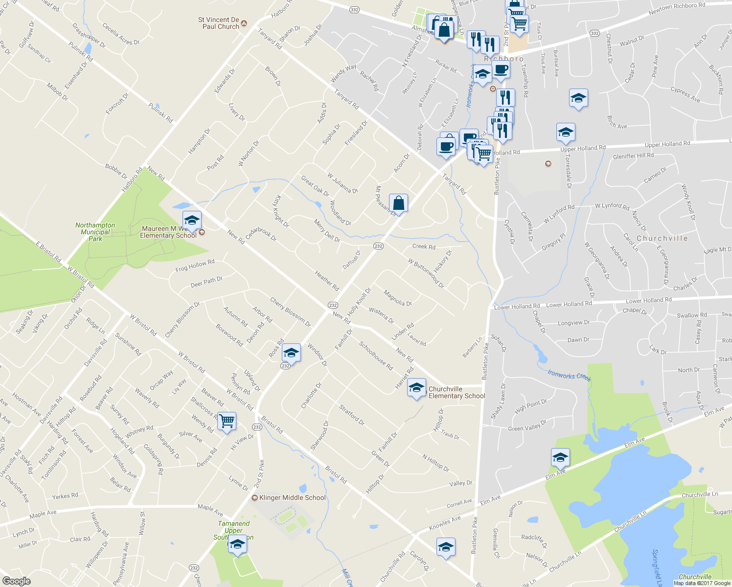 map of restaurants, bars, coffee shops, grocery stores, and more near 319 Holly Knoll Drive in Southampton