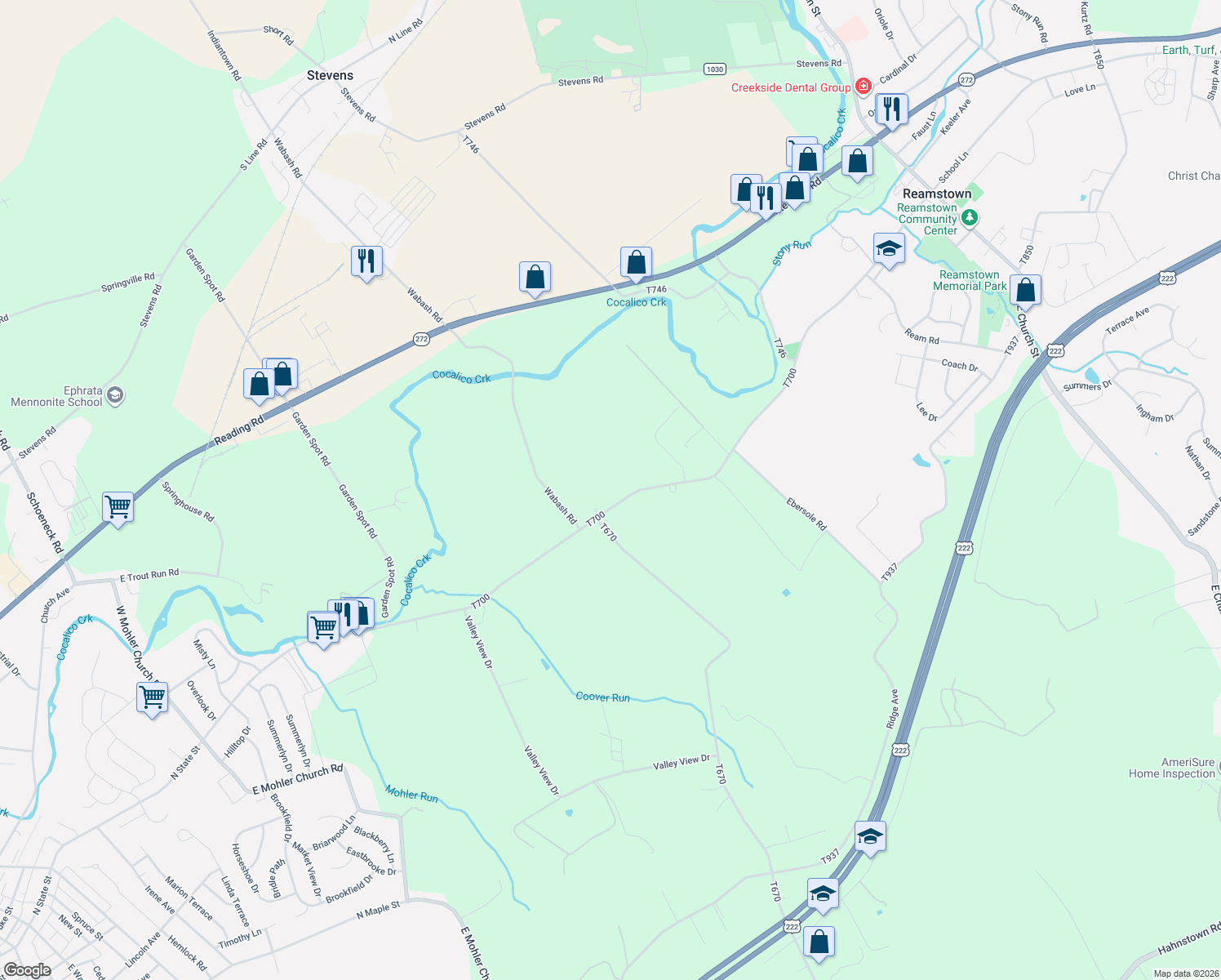 map of restaurants, bars, coffee shops, grocery stores, and more near 419 S Reamstown Rd in Ephrata
