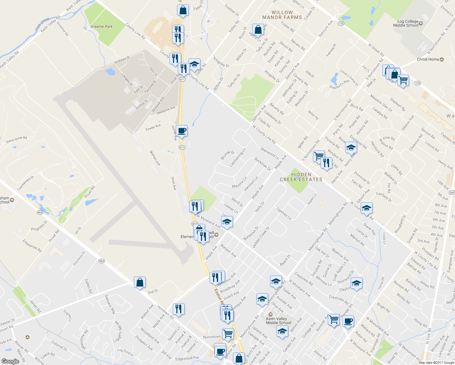 map of restaurants, bars, coffee shops, grocery stores, and more near 48 Maurice Lane in Hatboro