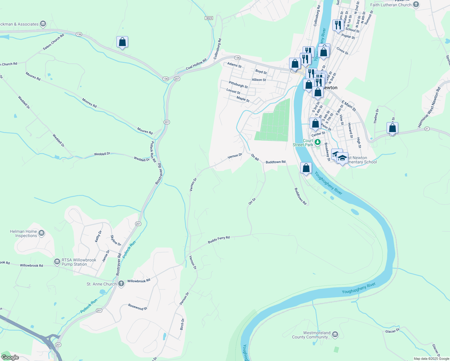 map of restaurants, bars, coffee shops, grocery stores, and more near 418 Vernon Drive in West Newton