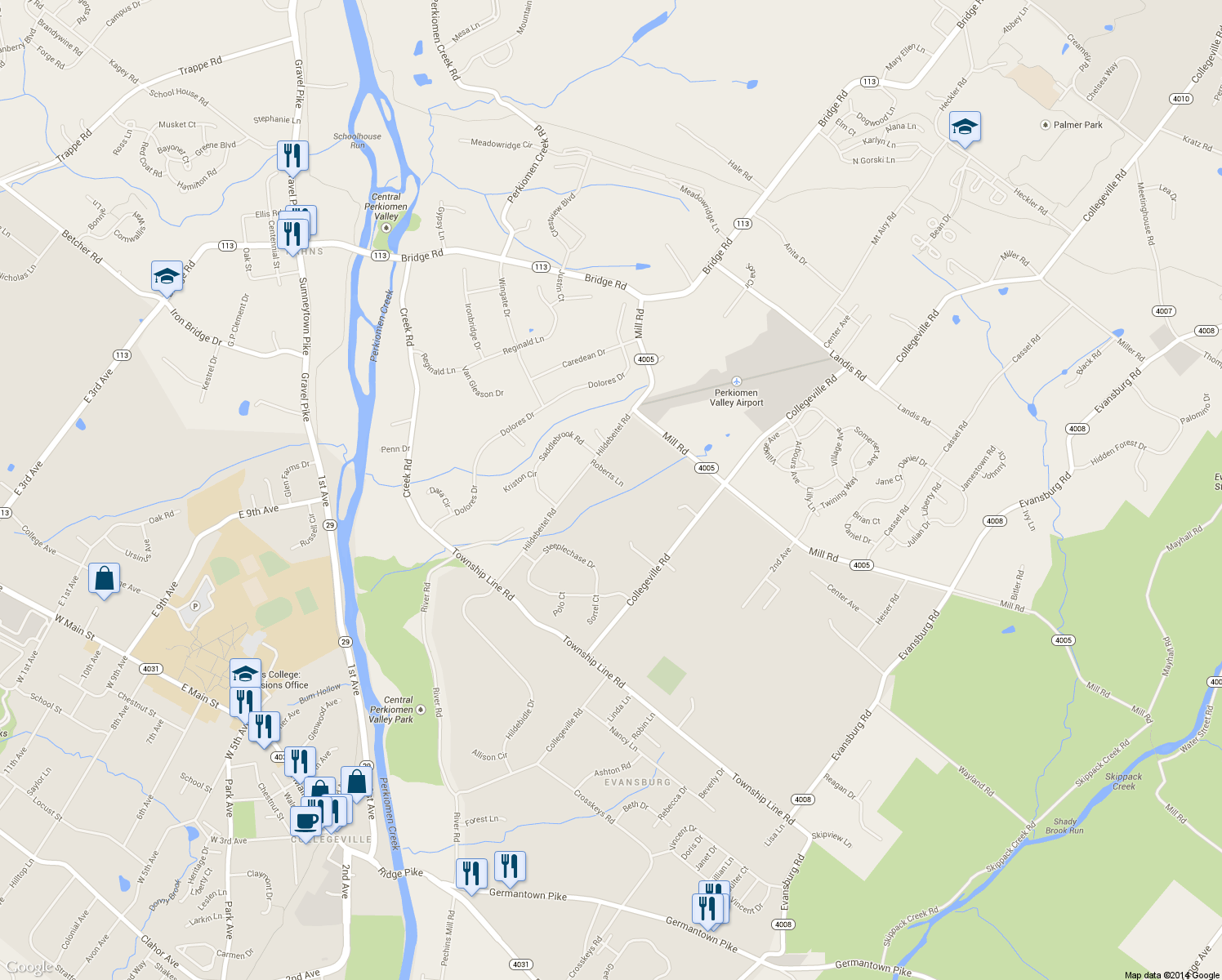map of restaurants, bars, coffee shops, grocery stores, and more near 4042 Roberts Lane in Collegeville