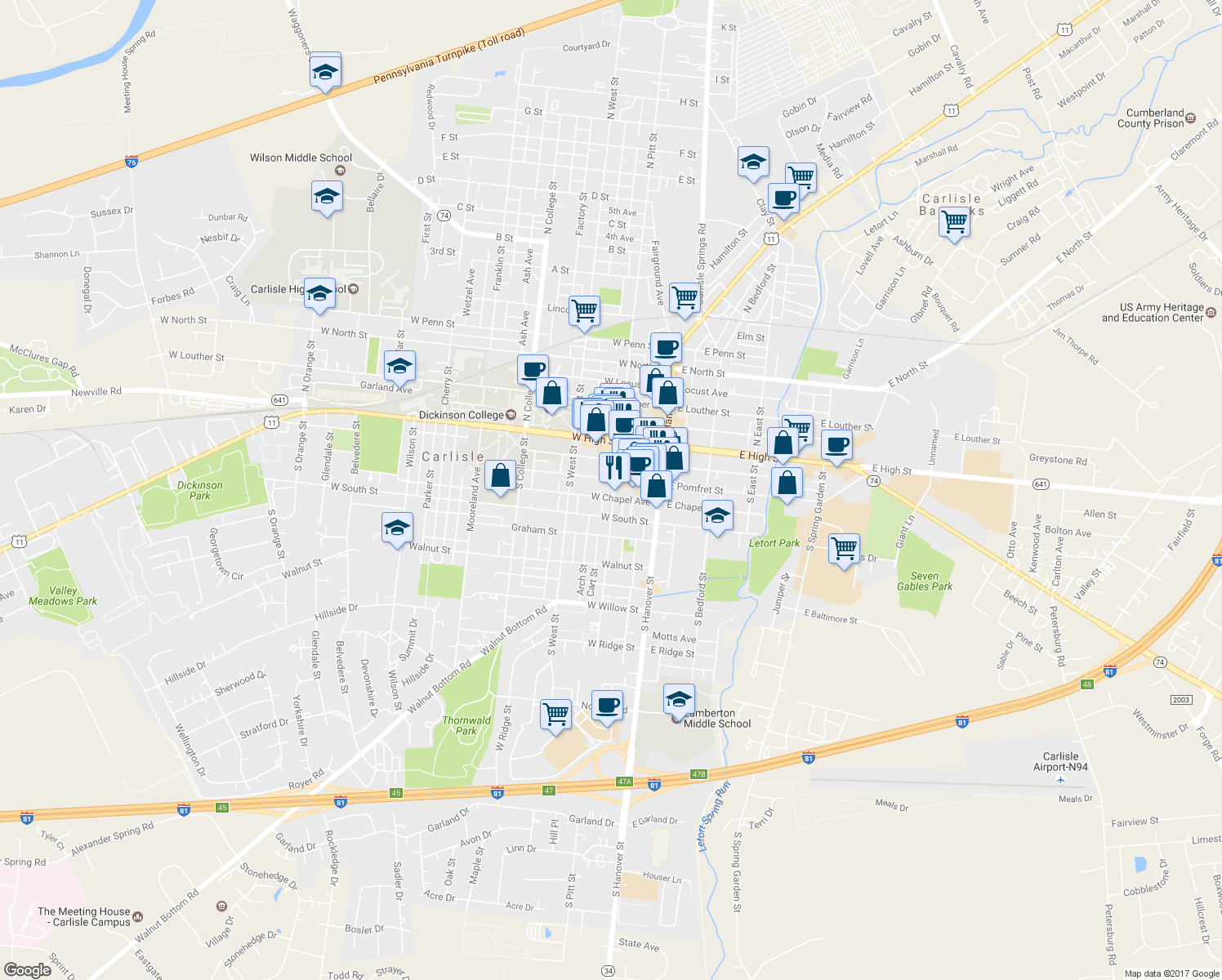 map of restaurants, bars, coffee shops, grocery stores, and more near 116 South Pitt Street in Carlisle