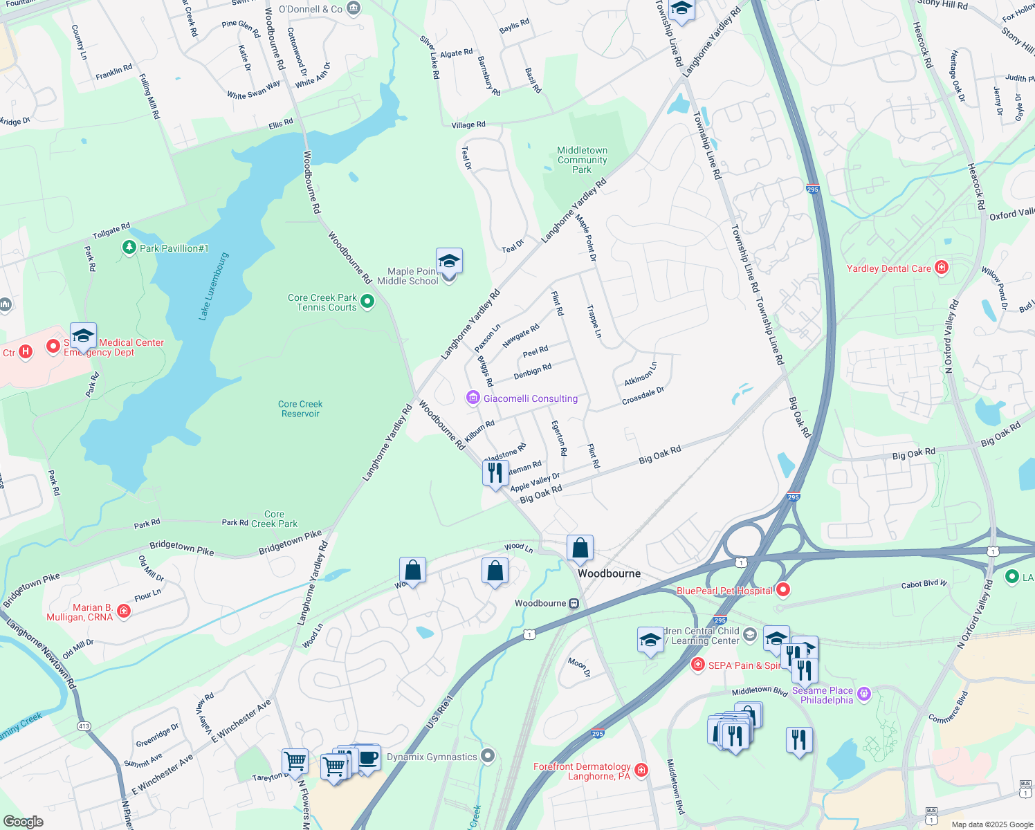 map of restaurants, bars, coffee shops, grocery stores, and more near 377 Kilburn Road in Langhorne