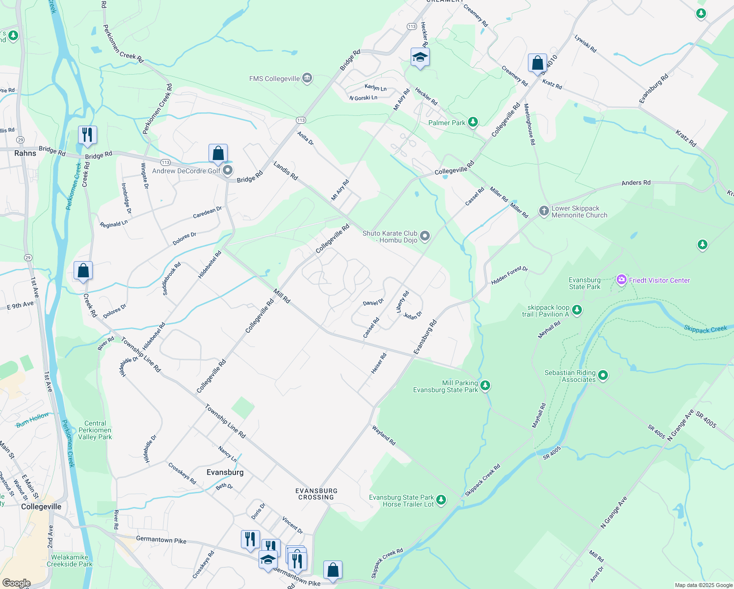 map of restaurants, bars, coffee shops, grocery stores, and more near 3878 Jane Ct in Collegeville