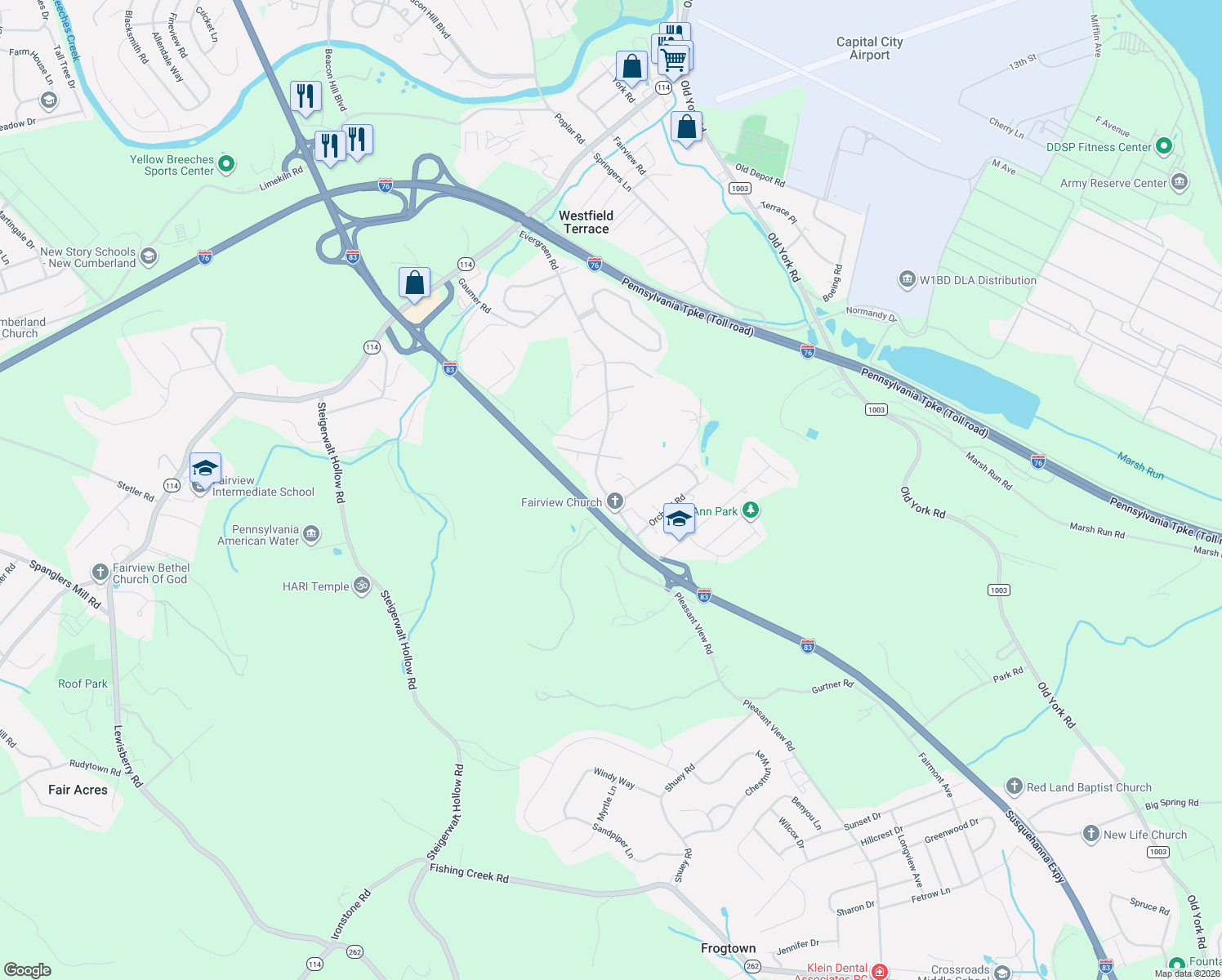 map of restaurants, bars, coffee shops, grocery stores, and more near 505 Evergreen Road in New Cumberland