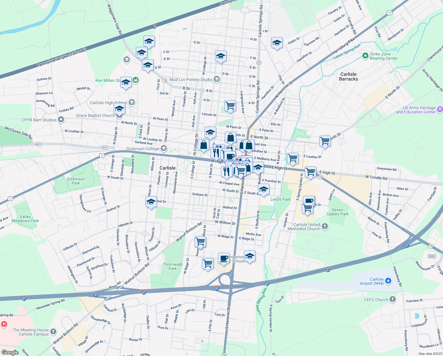 map of restaurants, bars, coffee shops, grocery stores, and more near 122 West Pomfret Street in Carlisle