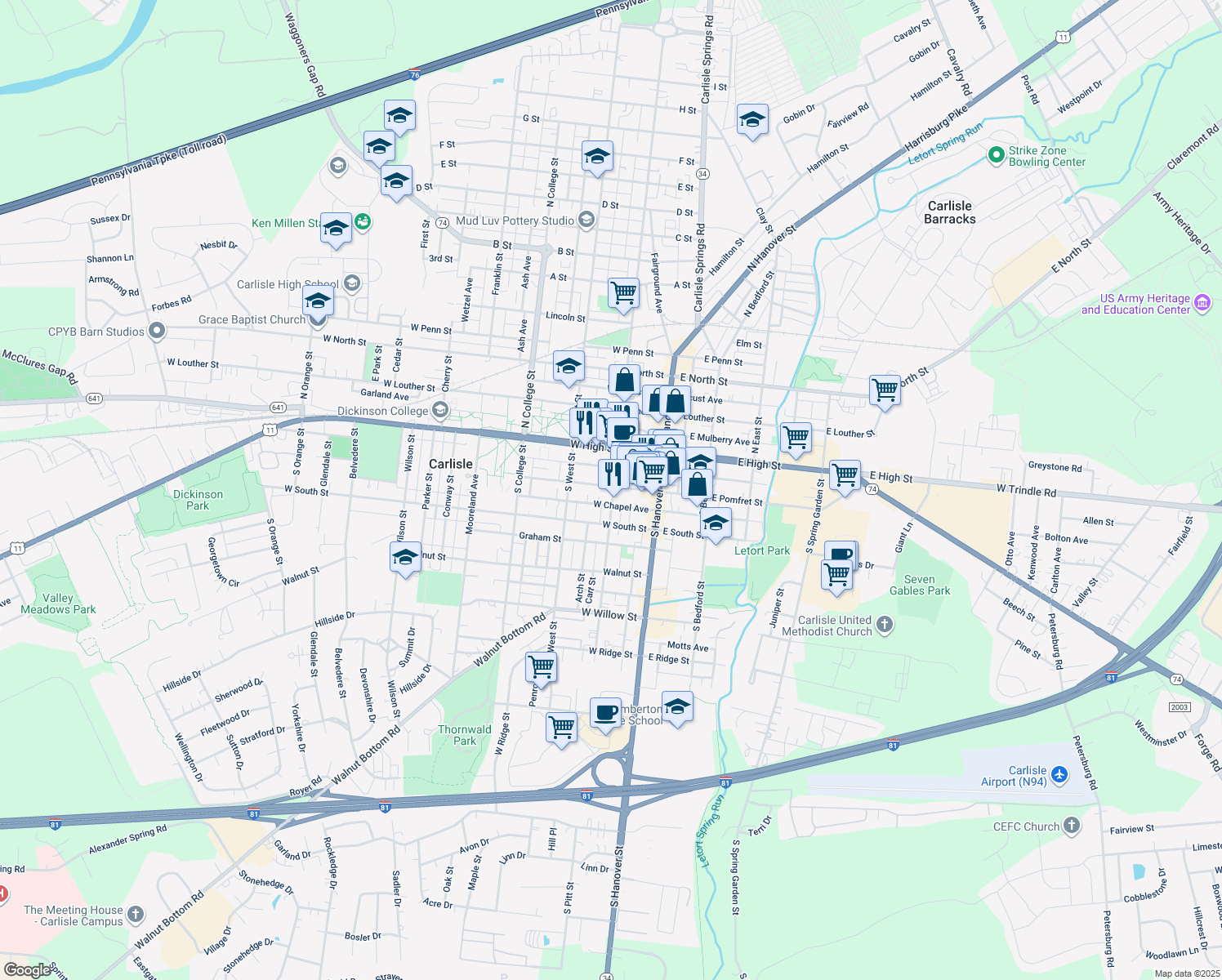 map of restaurants, bars, coffee shops, grocery stores, and more near 100 West Pomfret Street in Carlisle