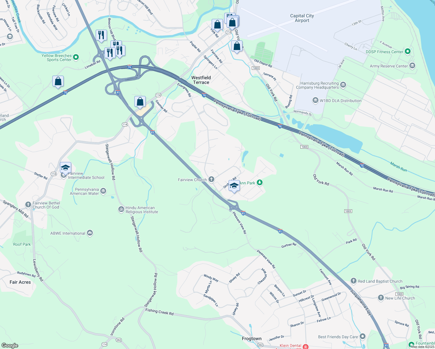 map of restaurants, bars, coffee shops, grocery stores, and more near 205 Walnut Level Road in New Cumberland