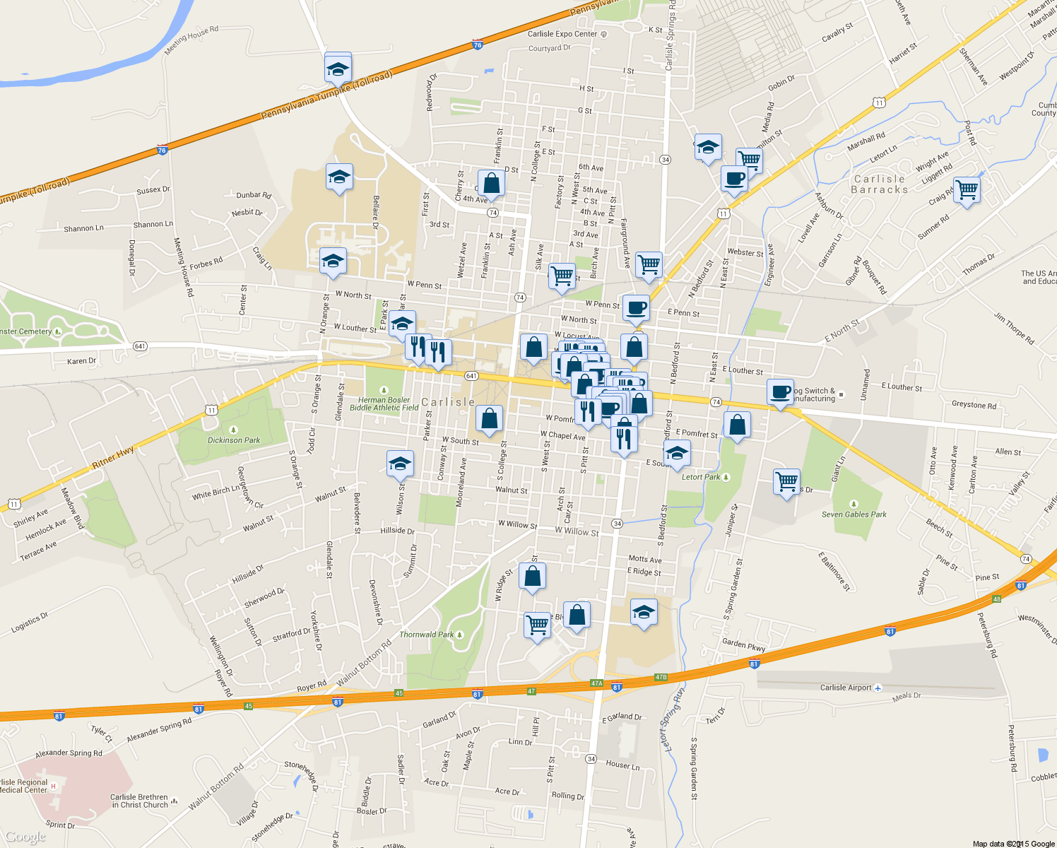 map of restaurants, bars, coffee shops, grocery stores, and more near 244 West Pomfret Street in Carlisle