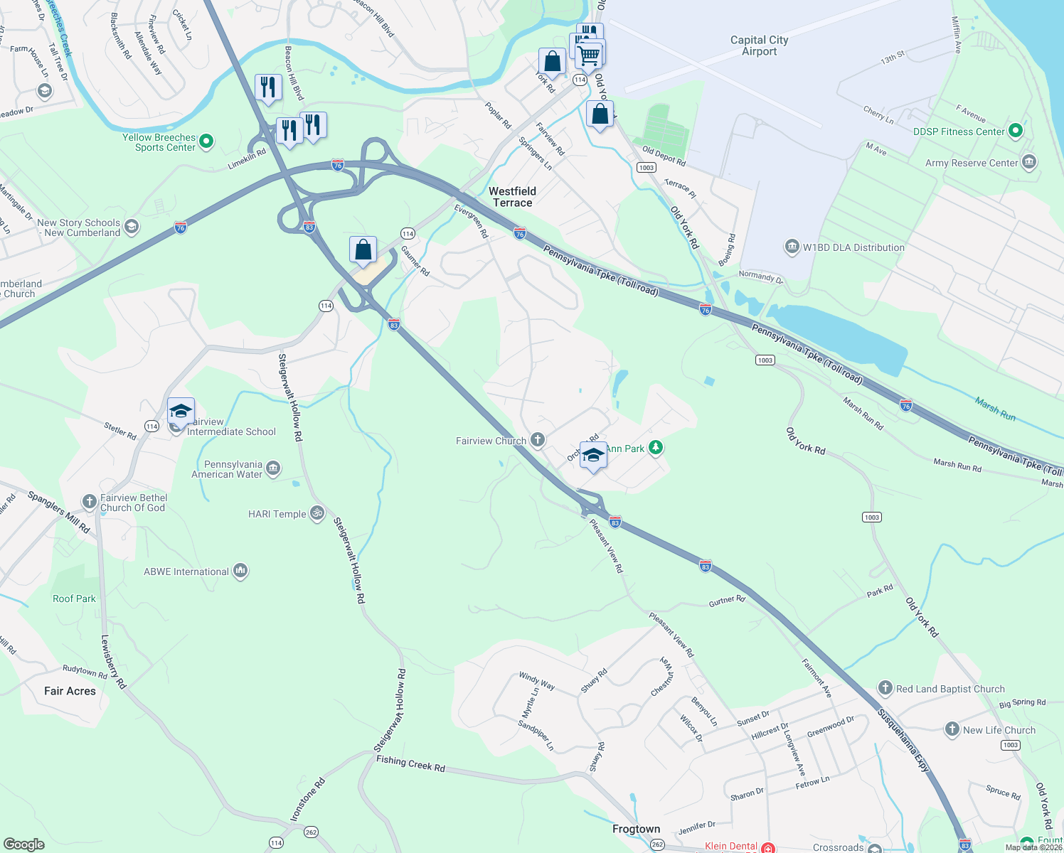 map of restaurants, bars, coffee shops, grocery stores, and more near 505 Evergreen Rd in New Cumberland