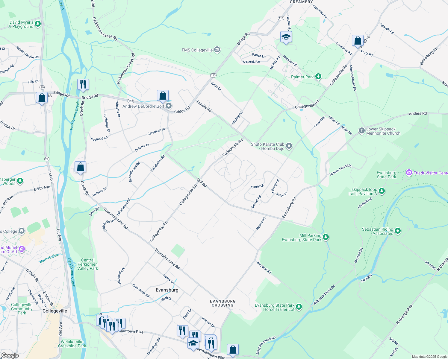 map of restaurants, bars, coffee shops, grocery stores, and more near 3896 Arbours Avenue in Collegeville