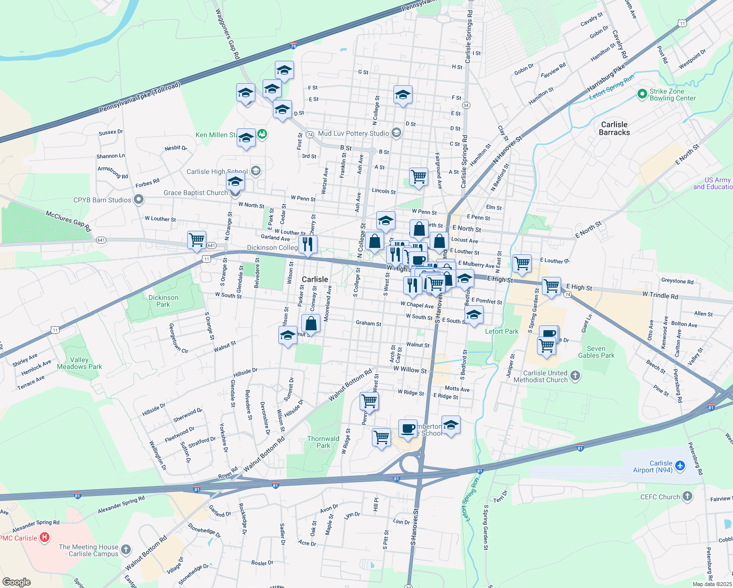map of restaurants, bars, coffee shops, grocery stores, and more near 262 West Pomfret Street in Carlisle