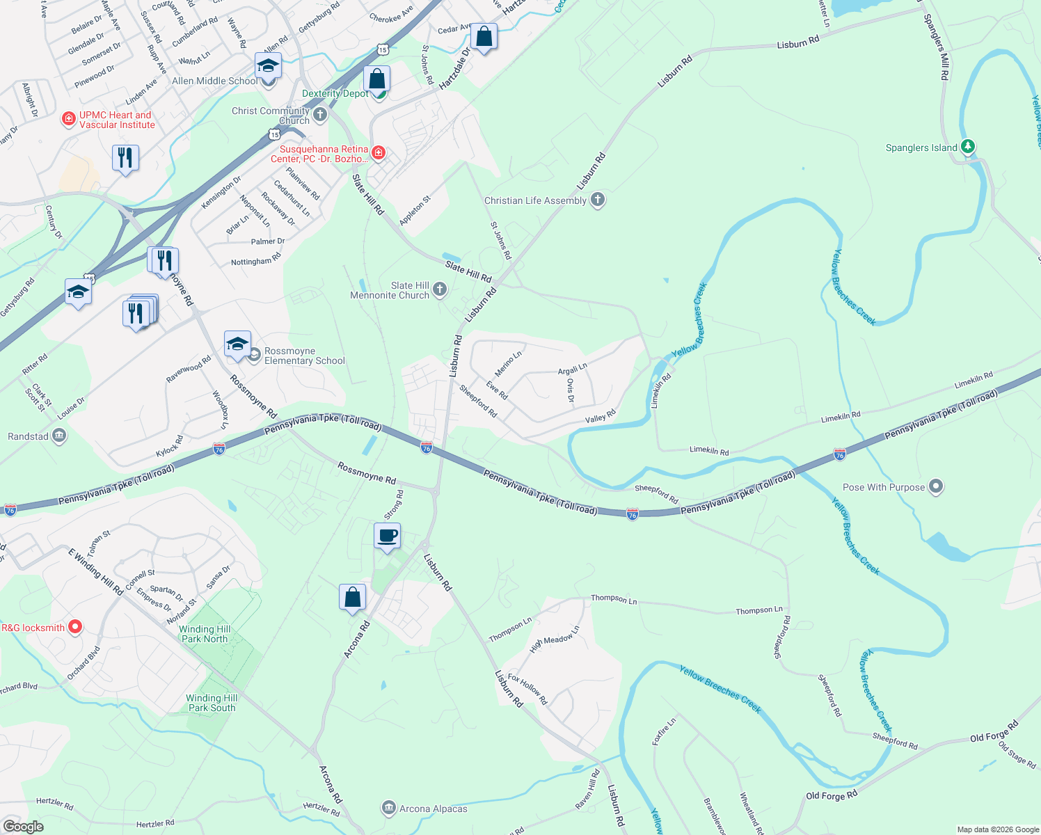 map of restaurants, bars, coffee shops, grocery stores, and more near 216 Ewe Rd in Mechanicsburg