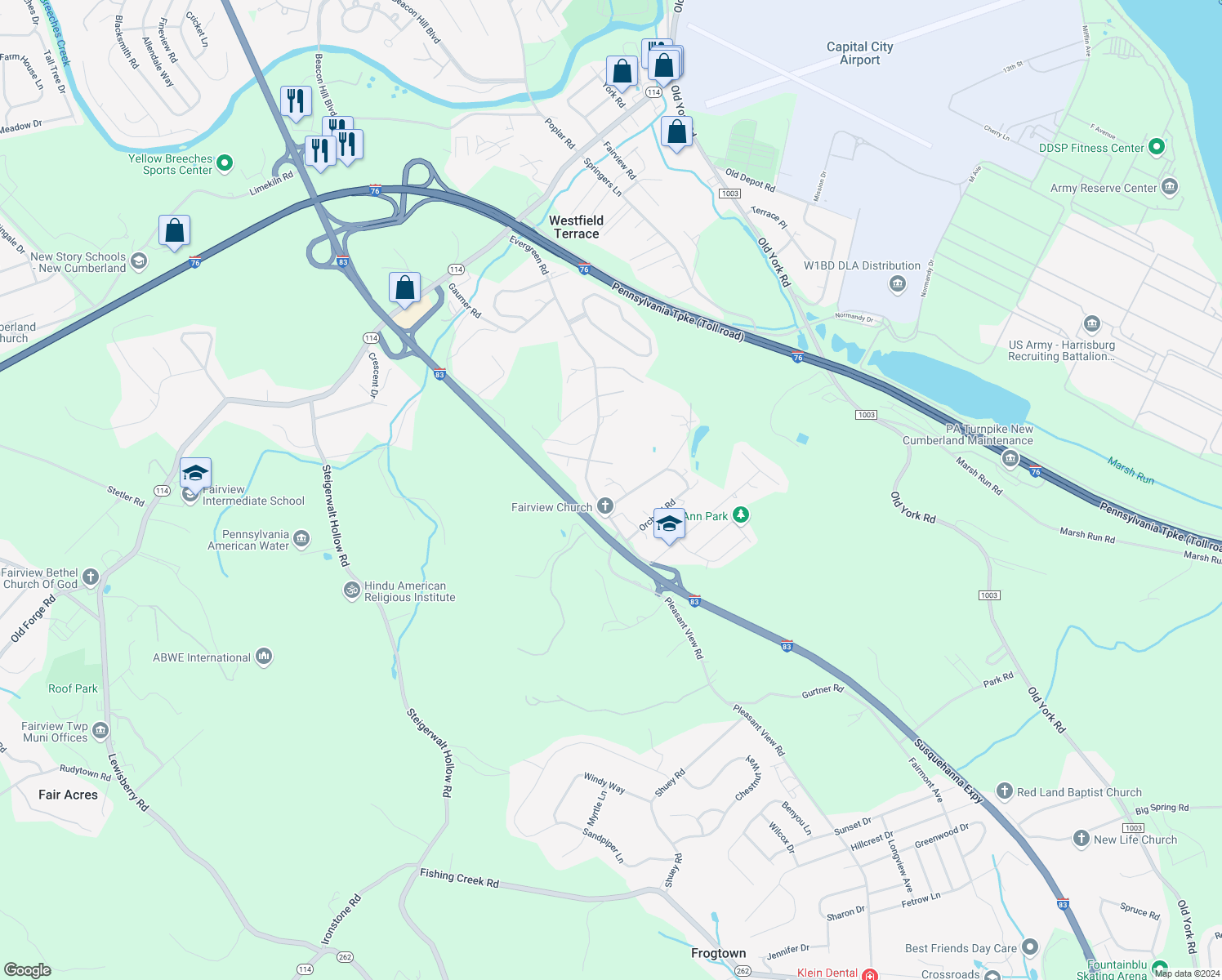 map of restaurants, bars, coffee shops, grocery stores, and more near 205 Walnut Level Road in New Cumberland