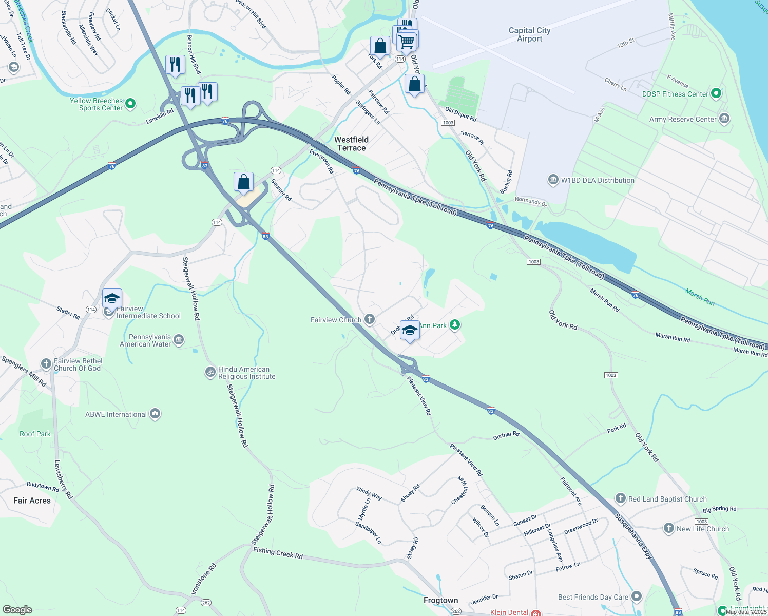 map of restaurants, bars, coffee shops, grocery stores, and more near 207 Walnut Level Road in New Cumberland