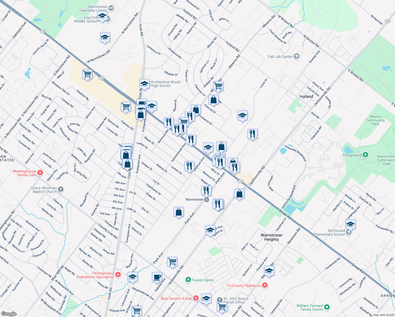 map of restaurants, bars, coffee shops, grocery stores, and more near 319 Olive Street in Warminster