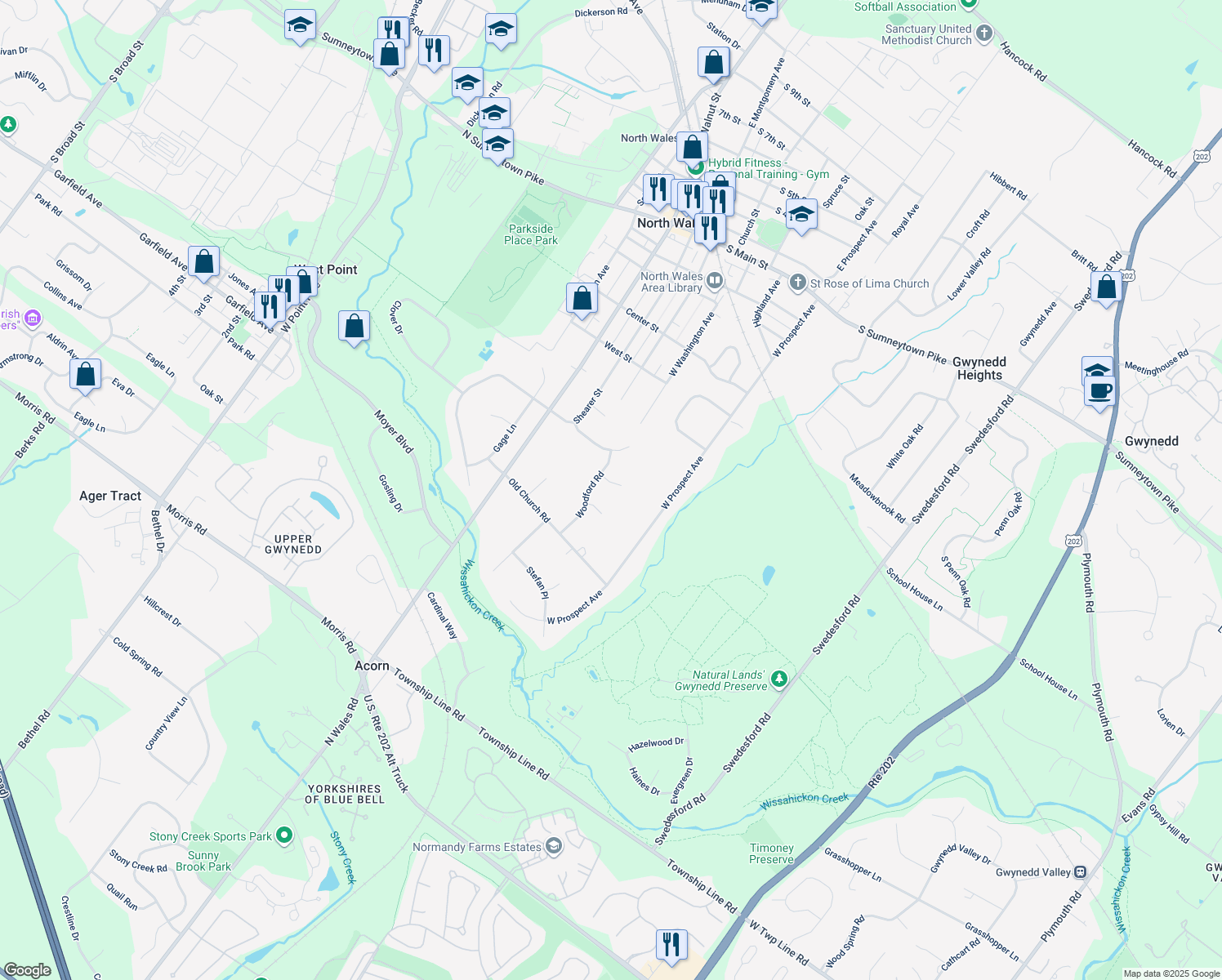 map of restaurants, bars, coffee shops, grocery stores, and more near 204 Spruce Circle in North Wales